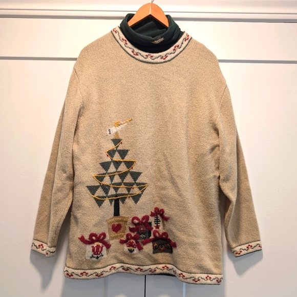 WOOLRICH women's 100% wool Christmas tree sweater with turtleneck tee size large - Picture 1 of 8
